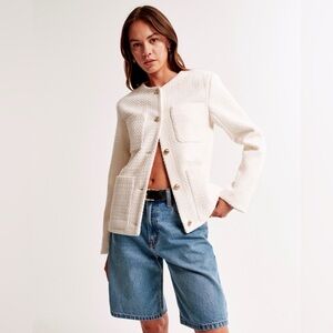 Abercrombie & Fitch Collarless Tweed Jacket in Cream